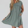 Women's Mist Green Frilled Gathered Seam Round Neck T-Shirt Dress with Pockets - Image 11