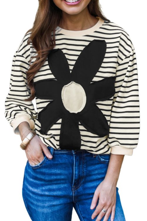 Women's Black and White Striped 3/4 Sleeve Top with Big Flower Patch