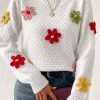 Women's White Colorful Flower Applique Textured Knit Sweater - Image 7