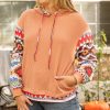 Women's Plus Size Khaki Aztec Patchwork Waffle Knit Hoodie with Drawstring - Image 7