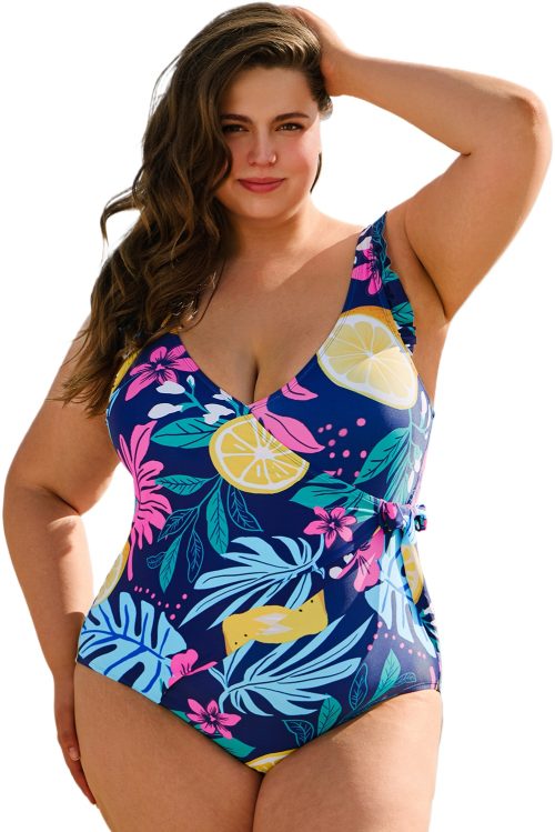 Women's Plus Size Blue Printed V Neck Wrap Knot Ruffled One Piece Swimwear