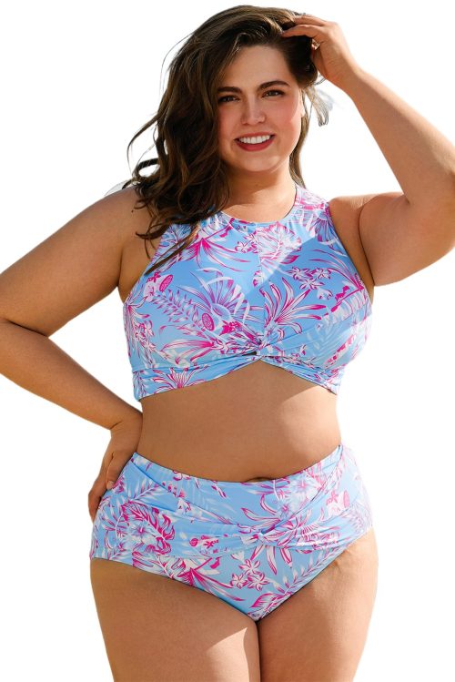 Sky Blue Plus Size Floral Print Twisted High Waist Bikini Set for Women