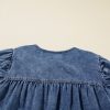 Women's Plus Size Sail Blue Drawstring V Neck Puff Sleeve Denim Blouse - Image 16