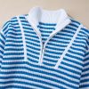 Women's Sky Blue Stripe Zip-Up Collar Drop Shoulder Sweater - Image 13