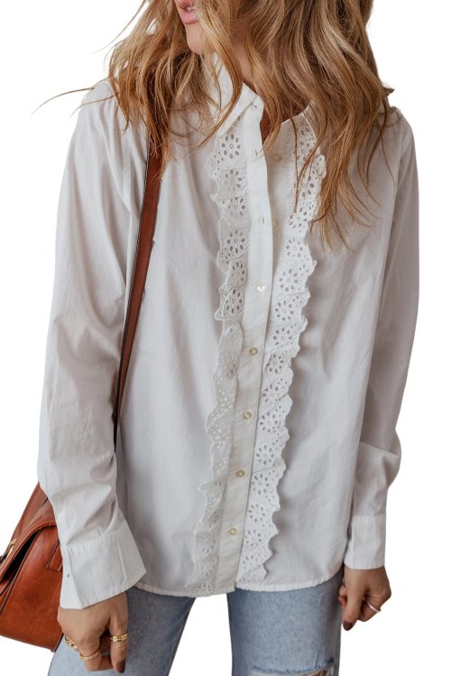 Women's White Lace Crochet Trim Long Sleeve Shirt with Turn-Down Collar