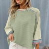 Women's Meadow Mist Green Waffle Knit Patchwork Raglan Top with Wide Bracelet Sleeves - Image 4