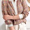 Women's Pink Colorblock Plaid Patchwork Henley Blouse - Casual and Chic - Image 2