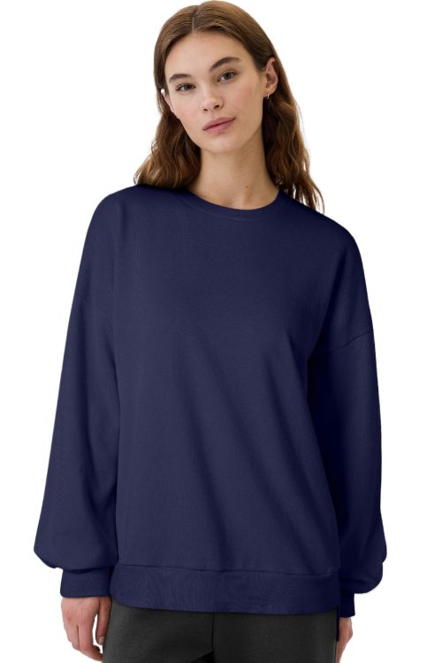 Women's Navy Blue Solid Fleece Lined Drop Shoulder High Low Sweatshirt