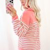 Women's Pink Stripe Buttoned V Neck Collared Drop Shoulder Long Sleeve Top - Image 3