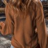 Women's Camel Ribbed Knit Drop Sleeve V Neck Loose Fit Sweater - Cozy & Chic - Image 3