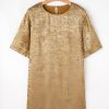 Women's Gold Metallic Luster Crewneck Mini T-Shirt Dress - Chic Casual Style - Image 5