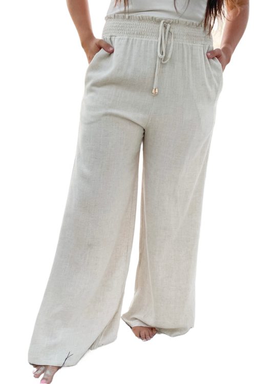 Women's Plus Size Beige Smocked High Waist Wide Leg Pants - Casual & Comfy