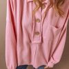 Women's Pink Ribbed Knit Collared Henley Top with Chest Pocket - Image 6