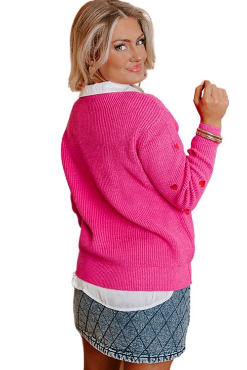 Women's Rose Red Heart Shape Drop Shoulder Sweater - Casual Round Neck Knit