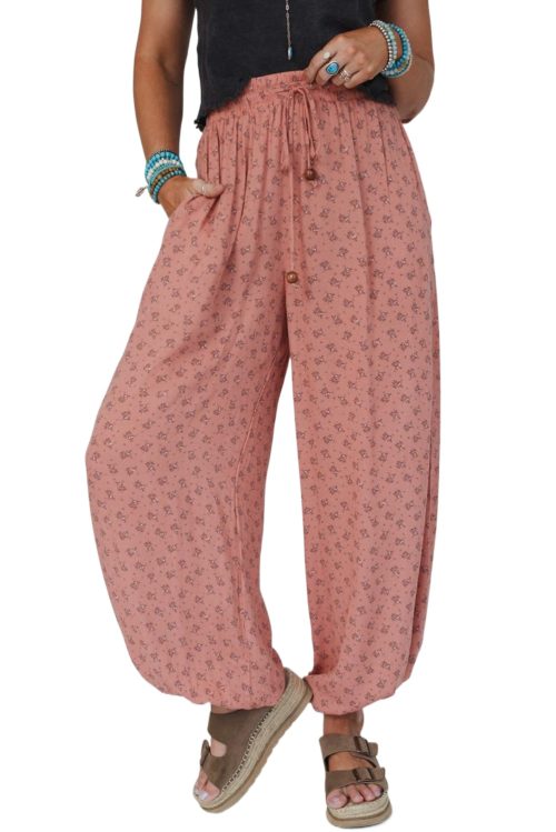 Women's Pink Boho Floral Printed Wide Leg Jogger Pants with Drawstring