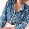 Women's Blue Floral Ric-rac Patchwork Button Loose Fit Shirt - Image 2