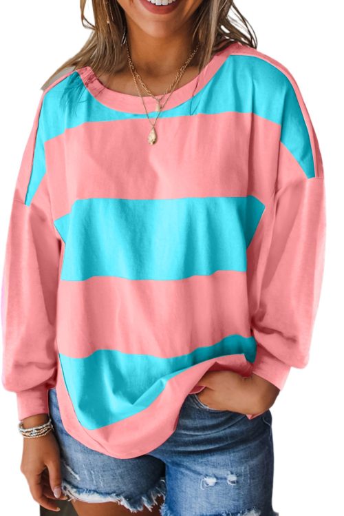 Women's Light Blue Colorblock Striped Drop Shoulder Long Sleeve Top