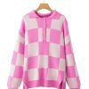 Women's Pink Checkerboard Half Button Collared Drop Shoulder Sweater - Image 14