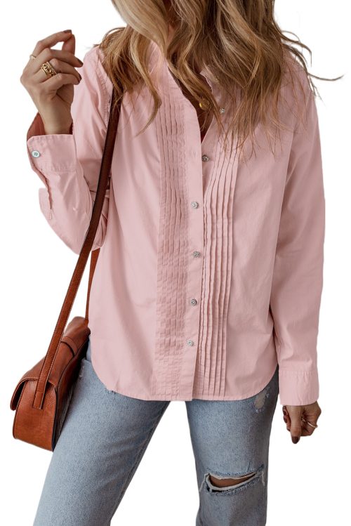 Women's Light Pink Pleated Button-Up Loose Fit Casual Shirt