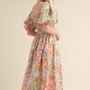 Women's Apricot Pink Floral Smocked Bust Bubble Short Sleeve Maxi Dress - Elegant Spring Summer Style - Image 2