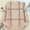 Women's Khaki Plaid Pattern Knitted Long Sleeve Drop Shoulder Sweater - Image 9