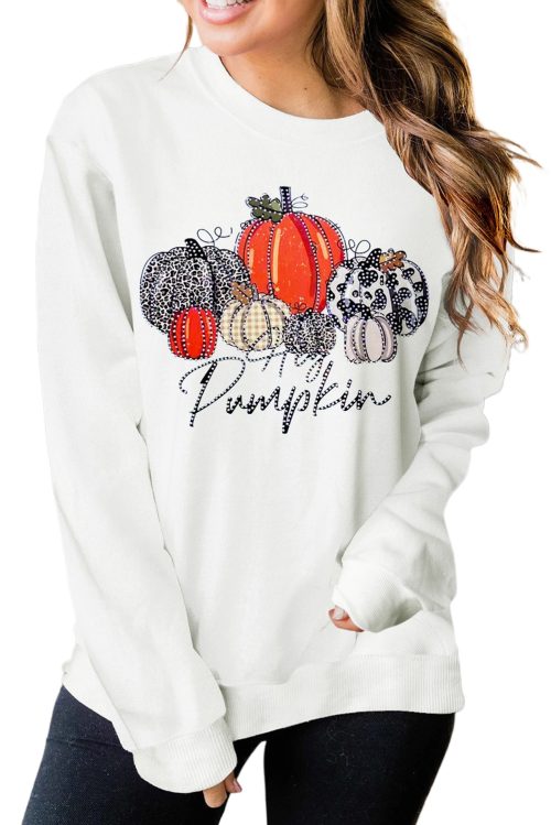 Thanksgiving Beige Rhinestone Pumpkin Graphic Crewneck Sweatshirt for Women