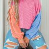 Women's Corded Texture Rose Red Colorblock Patchwork Long Sleeve Top - Image 3