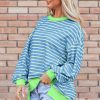 Women's Sky Blue Stripe Contrast Trim High Low Pullover Tunic Sweatshirt - Image 5