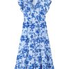 Women's Sky Blue Floral Print Tiered Frilled Trim Flutter Sleeve Maxi Dress - Image 17