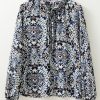 Women's Blue Tribal Print Lace-Up Frilled Neck Puff Sleeve Blouse - Elegant and Stylish - Image 8