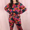 Black Plus Size Printed Long Sleeve and Pants Lounge Set for Women - Image 3