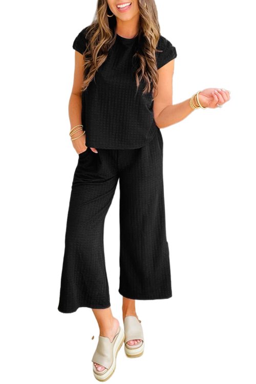 Women's Black Textured Knit Cap Sleeve T-Shirt and Wide Leg Pants Set