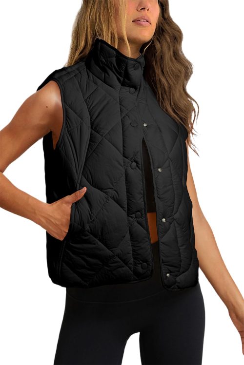 Women's Black Quilted High Neck Button Up Pocket Vest Coat for Winter