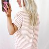 Chic Pink Stripe Knitted Short Sleeve Top and Drawstring Shorts Set for Women - Image 2