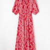 Women's Red Paisley Print Puff Sleeve High Waist Maxi Dress with Side Slit - Image 7