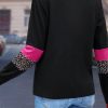 Women's Rose Leopard Colorblock Patchwork Crew Neck Long Sleeve Tee - Image 3