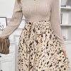 Women's Beige Patchwork Belted A-Line Dress with Long Sleeves - Image 5