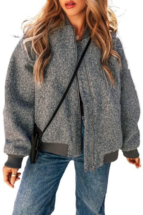 Women's Medium Grey Fuzzy Pocketed Sleeve Zip Up Jacket