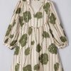 Women's Guacamole Green Floral Striped Puff Sleeve Dress with Contrast Piping - Image 5