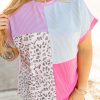 Women's Plus Size Rose Red Leopard Colorblock Patchwork Corded Knit T-Shirt - Image 10