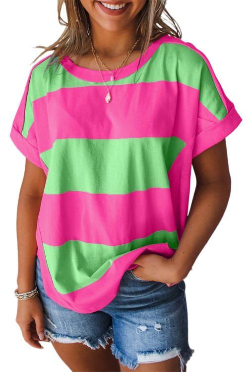 Women's Green Colorblock Loose Fit T-Shirt with Rounded Hem