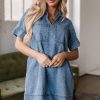 Women's Beau Blue Short Sleeve Collared Denim Mini Dress with Patched Pockets - Image 5