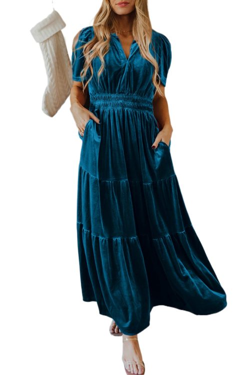 Women's Prussian Blue Velvet Short Sleeve Shirred Waist Tiered Maxi Dress - Elegant Boho Style