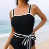 Women's Elegant Black Colorblock Edge Belted One Piece Swimsuit with Padded Support - Image 2