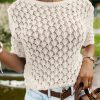 Elegant Women's Beige Hollow Out Crochet O Neck Short Sleeve Sweater Tee - Image 10