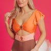 Elegant Orange Ruffle Sleeve Tricolor Cutout Front Ring One Piece Swimsuit - Image 5