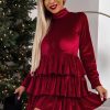 Women's Racing Red Velvet High Neck Tiered Ruffle Mini Dress for Elegant Nights - Image 3