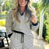 Women's Black Stripe Collared Long Sleeve Top & Drawstring Shorts Set - Image 2