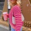 Women's Pink Striped Buttoned V Neck Drop Shoulder Cardigan - Elegant Fall Sweater - Image 2