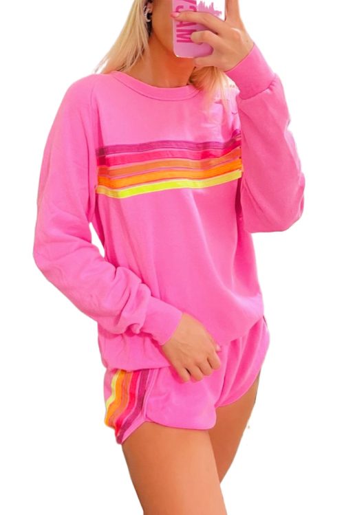 Women's Bonbon Striped Casual Pullover and Shorts Set